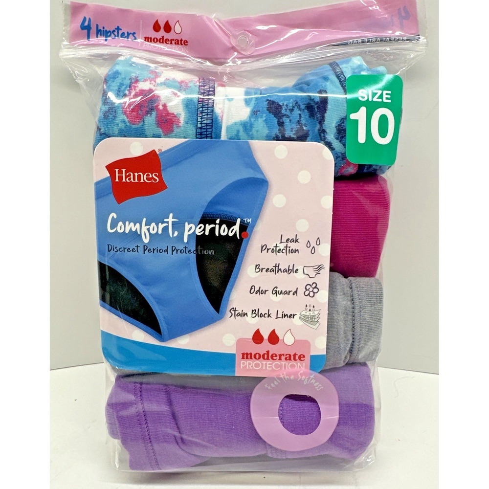 Hanes Girls Comfort Underwear Period Protection Panties Hipster 4 Pack Size 10